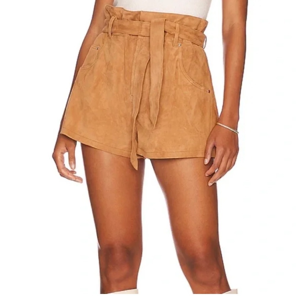 L'Academie High Waist Tan Suede Shorts